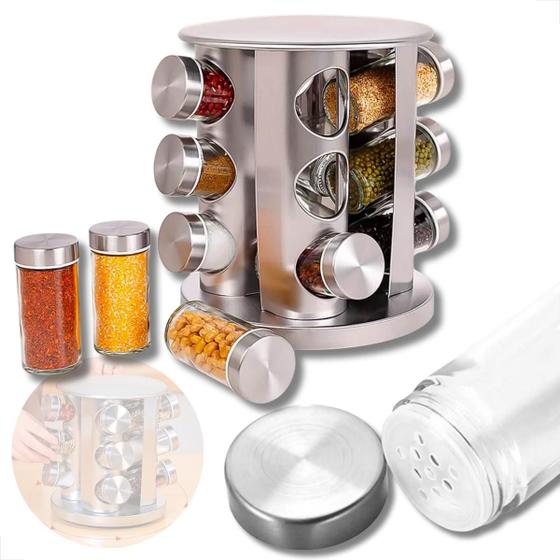 Imagem de Porta Condimentos, Porta Temperos, Suporte Para Tempero Com base Giratória, 12 Potes de Vidro com 100ml Cada
