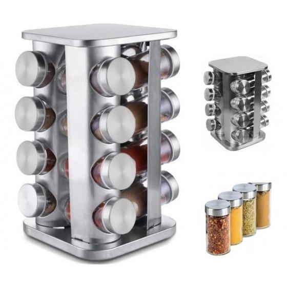 Porta Condimentos Temperos Base Quadrada Giratório Aço Inox com 16 frascos de Vidro Menor preço em Porta Condimentos Temperos Base Quadrada Giratório Aço Inox com 16 frascos de Vidro