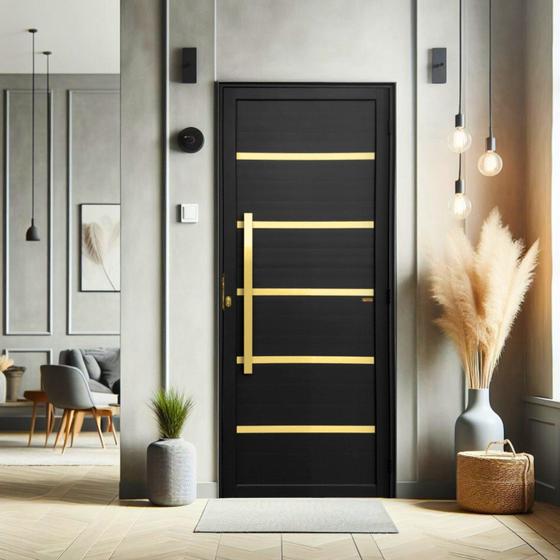 Imagem de Porta de Aluminio Pivotante Lambril 210x100cm com Puxador Super Premium Brimak Preto Dourado