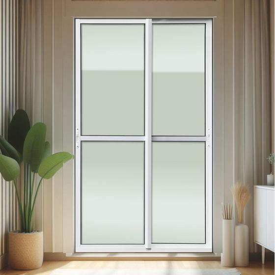 Imagem de Porta de Correr 2 Folhas Moveis 210 X 200 Elite com Fecho Automático Vidro Liso Branco