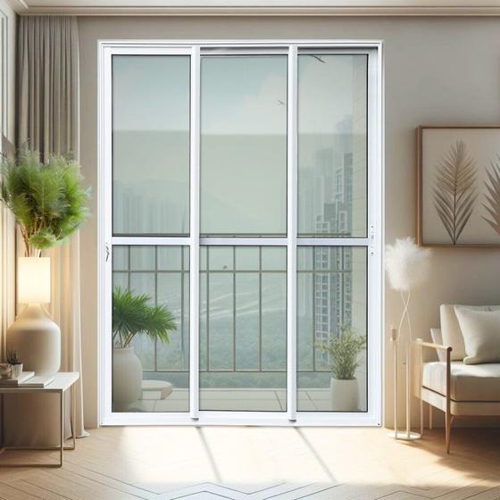 Imagem de Porta de Correr 3 Folhas Moveis Sequenciais 210 X 200 Elite com Fechadura Tetra Vidro Liso