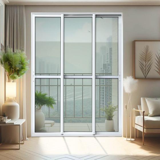 Imagem de Porta de Correr 3 Folhas Moveis Sequenciais 210 X 200 Elite com Fecho Automático Vidro Liso