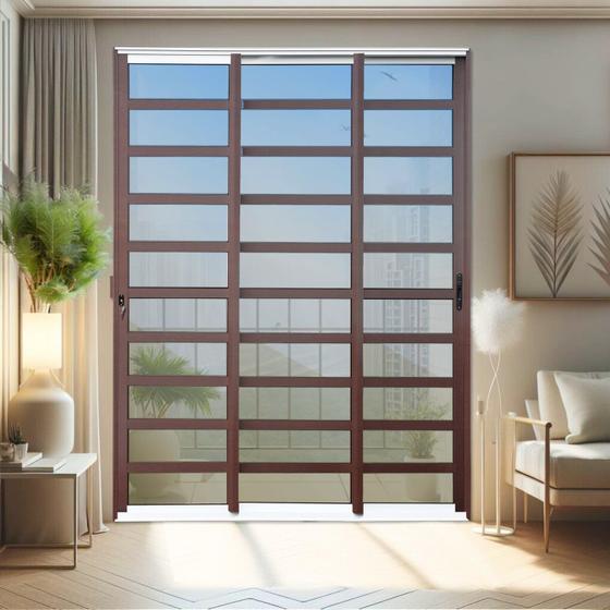 Imagem de Porta de Correr com Travessas 3 Folhas Moveis Sequenciais 210 X 200 Elite com Fechadura Tetra Vidro