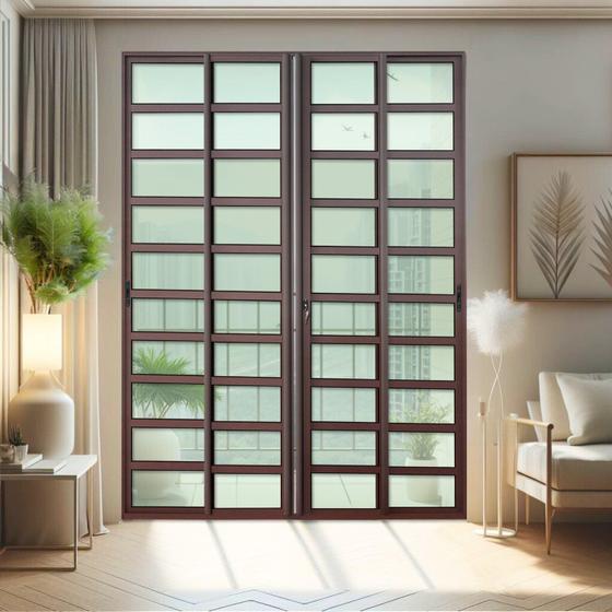 Imagem de Porta de Correr com Travessas 4 Folhas Moveis 210 X 200 Elite com Fechadura Tetra Vidro Liso Corten