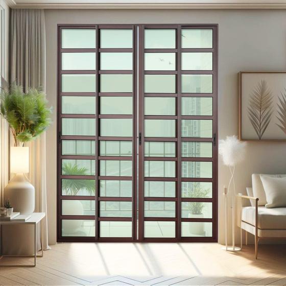 Imagem de Porta de Correr com Travessas 4 Folhas Moveis 210 X 200 Elite com Fecho Automático Vidro Liso