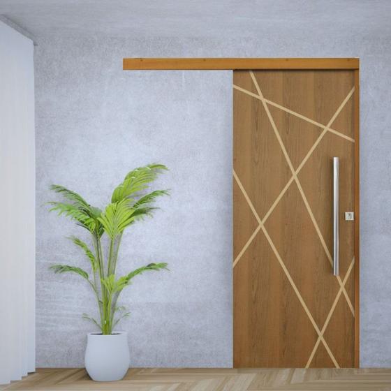 Imagem de Porta de Correr Padrão Imbuia Agatha Trilho Embutir Puxador Tubolar 800 Mm Cromado 110 X 210 Direito Natural