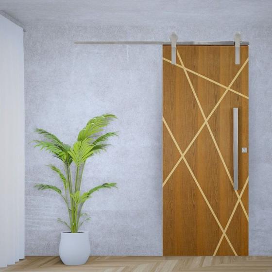 Imagem de Porta de Correr Padrão Imbuia Agatha Trilho Soft Puxador Barra Chata 800 Mm Cromado 102 X 210 Esquer Natural