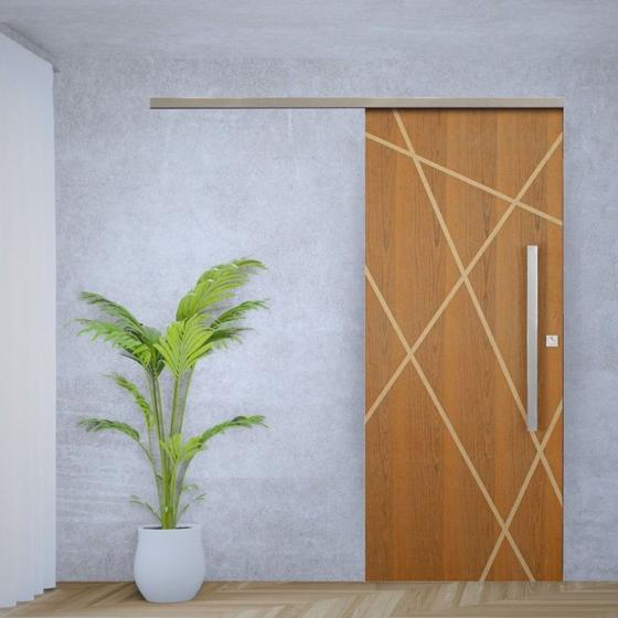 Imagem de Porta de Correr Padrão Imbuia Agatha Trilho Vision Puxador Barra Chata 800 Mm 110 X 210 Direito