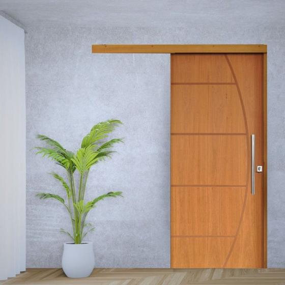 Imagem de Porta de Correr Padrão Imbuia Belissima 6 Trilho Embutir Puxador Tubolar 800 Mm Cromado 72 X 210 Esq Natural