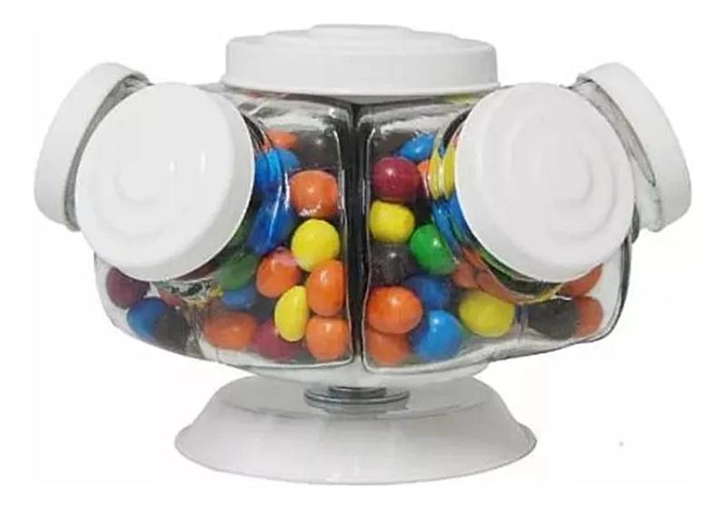 Porta Doce Baleiro Bomboniere Giratório Com 5 Potes De Vidro Menor preço em Porta Doce Baleiro Bomboniere Giratório Com 5 Potes De Vidro