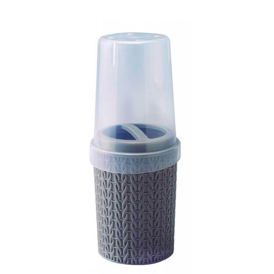 Imagem de Porta escova dente pasta creme dental plástico cinza suporte com tampa pia banheiro lavabo Plasútil