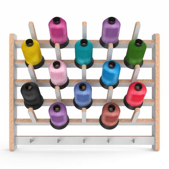 Imagem de Porta Fio De Madeira 25 Cones Para Bordadeira E Overlock Com Organizador De Tesouras