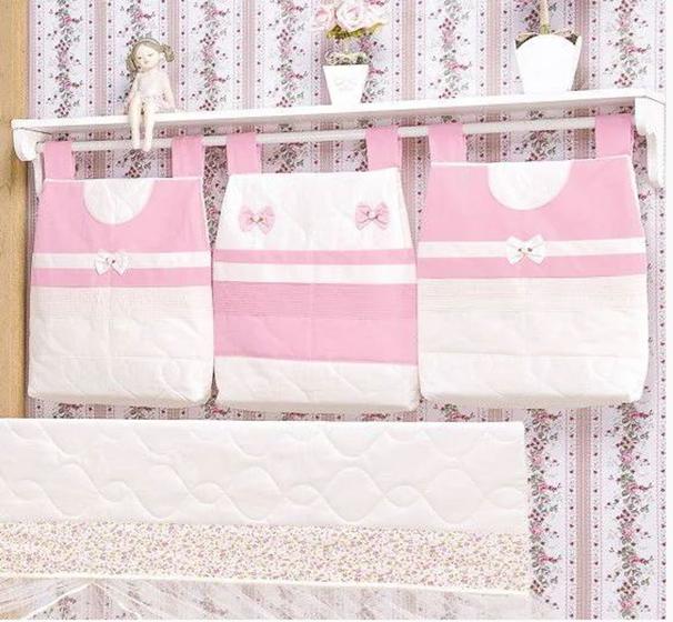 Imagem de Porta Fraldas de Varão para Quarto de Bebê Rosa com Branco 03 Peças - Coleção Sensação