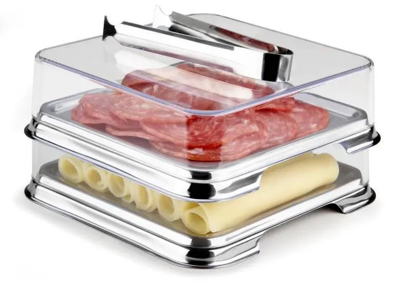 Porta Frios Duplo Inox Empilhável Com Pegador Pinça Kit Casa Presunto Queijo Cozinha - FORMA UTILIDADES