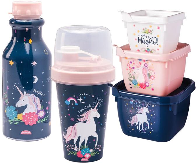 Imagem de Porta Lanche Infantil Conjunto Unicornio 5 Itens Plasutil