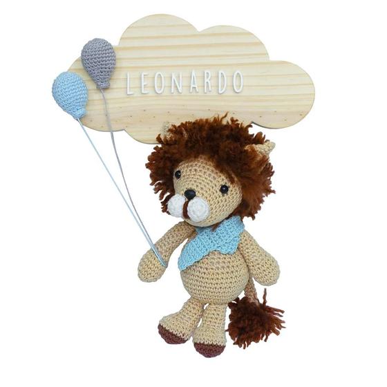 Imagem de Porta Maternidade Nuvem Leão de Cachecol Azul com Bexigas Quarto Bebê Infantil Menino