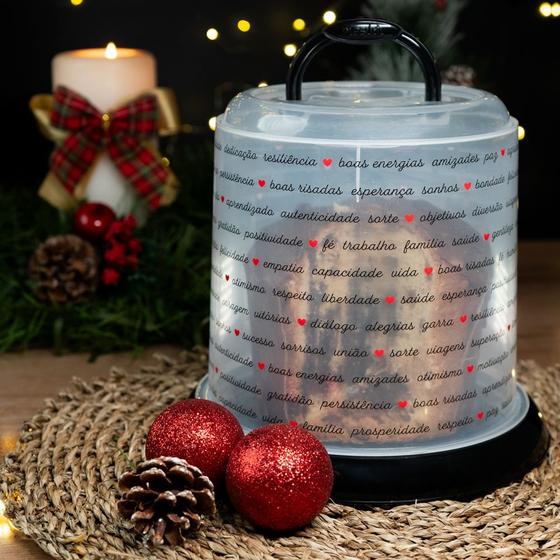 Porta panetone de plástico preto plásutil com tampa de rosca para mesa posta de natal de cozinha natalina palavras pote