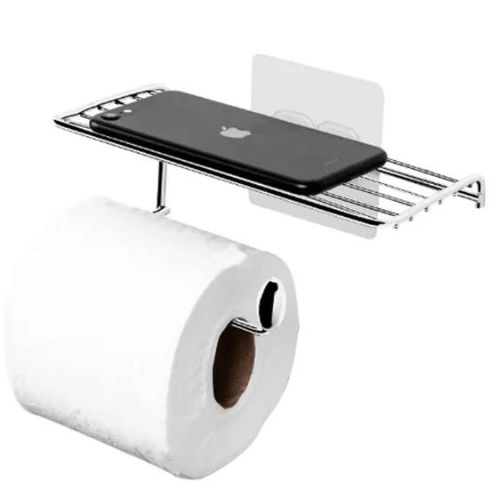 Imagem de Porta Papel Higiênico com Suporte para Celular Aço Cromado de Parede Linha Fixação Adesiva Utimil