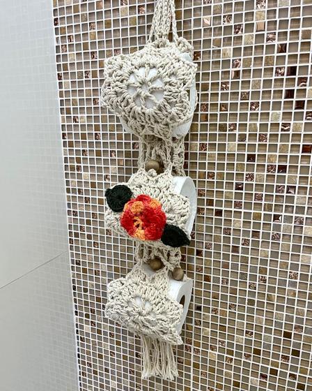 Imagem de Porta Papel Higiênico Flor Bordado Crochê Artesanal - 3 Lugares