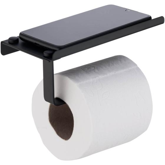 Imagem de Porta Papel Higiênico Preto De Parede Com Suporte Apoio De Celular