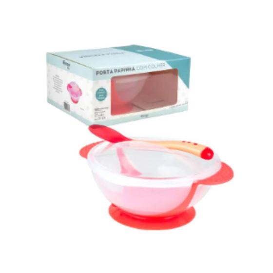 Imagem de Porta Papinha Pratinho Infantil Rosa com Colher Sem Tampa para Bebês de Plástico Resistente Western 350ml Baby