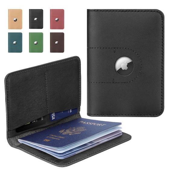 Imagem de Porta-Passaportes de Couro Genuíno ALLIVE com Compartimento AirTag - Preto