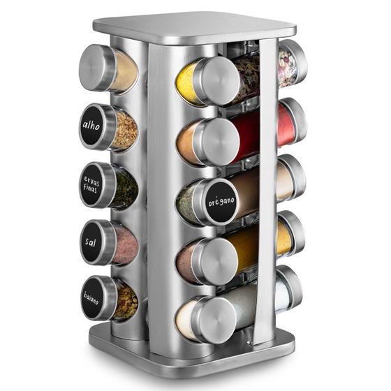 Porta Portes Tempero Inox Giratório 20 potes Vidro Quadrado Menor preço em Porta Portes Tempero Inox Giratório 20 potes Vidro Quadrado