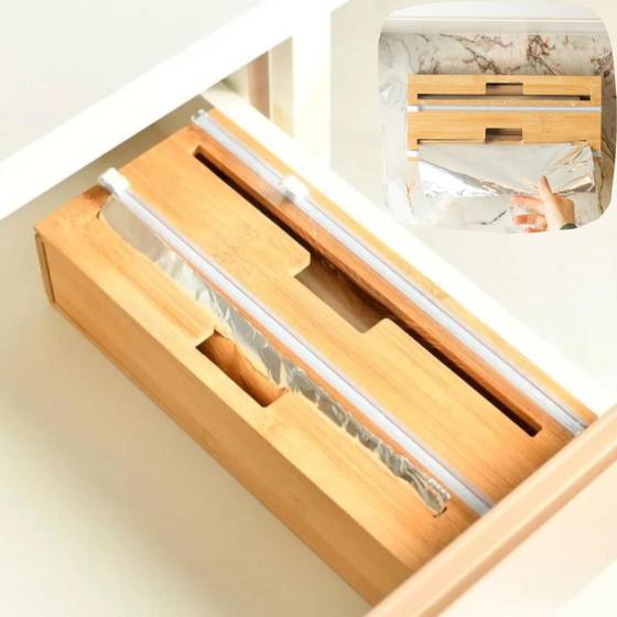 Imagem de Porta Rolos Duplo Bambu Papel Plástico Filme Alumínio Cozinha Cortador