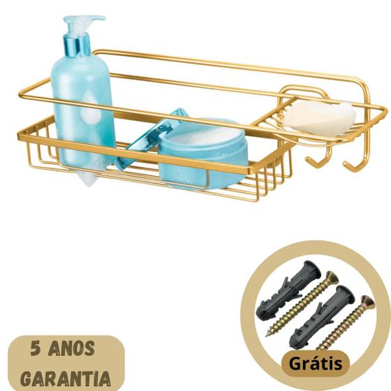 Imagem de Porta Shampoo Banheiro Com Saboneteira Prateleira Suporte Retangular Dourado Nicho Parede Luxo Porta Sabonete