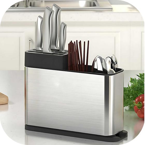 Imagem de Porta Talheres inox Pia Escorredor e organizador de facas Em Aço Inoxidável Utensílios cozinha
