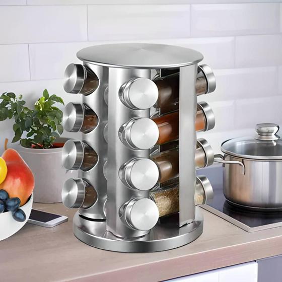 Imagem de Porta Tempero Condimento Giratório Kit 16 Peças Inox Cozinha Potinhos Cozinhar Vidro Aço inoxidável Qualidade Moderno