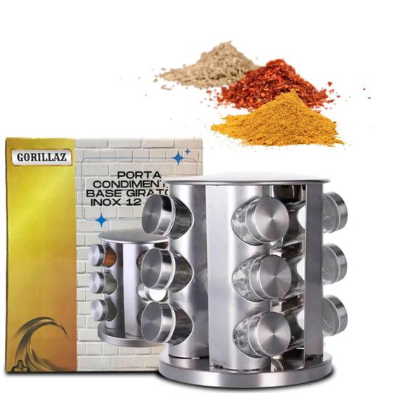 Imagem de Porta Tempero e Condimentos Com Base Giratória 360 Inoxidável 12 Potes de Vidro