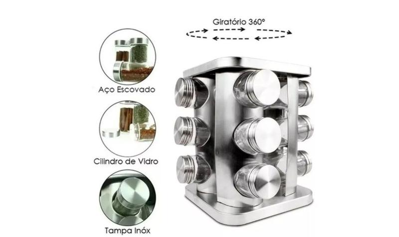 Porta Tempero Giratório Inox 12 Potes Vidro Dosador Cozinha - Iddeale Menor preço em Porta Tempero Giratório Inox 12 Potes Vidro Dosador Cozinha - Iddeale
