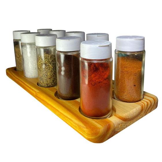 Imagem de Porta Tempero  POMPÉIA Acompanha 10 Potes de vidro 100Ml com  Tampas Dosadoras Duplas 