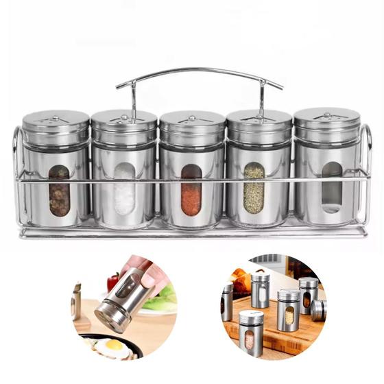 Imagem de Porta Temperos Condimentos Cozinha Inox Visor Suporte 6 Peças