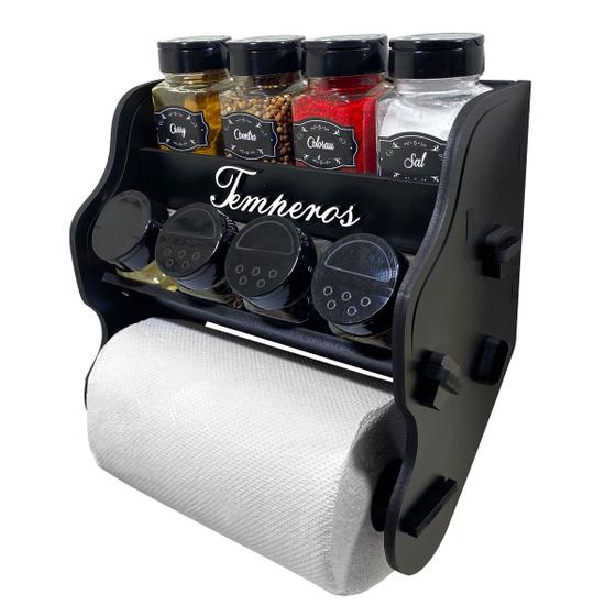 Imagem de Porta Temperos/Condimentos MDF kit 08 potes quadrado c/ Tampa Dosadora + Suporte para papel toalha + Adesivos *Q2