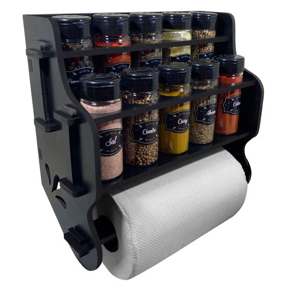 Porta Temperos/Condimentos MDF kit 10 potes c/ Tampa Dosadora + Suporte para papel toalha + Adesivos *TL Menor preço em Porta Temperos/Condimentos MDF kit 10 potes c/ Tampa Dosadora + Suporte para papel toalha + Adesivos *TL