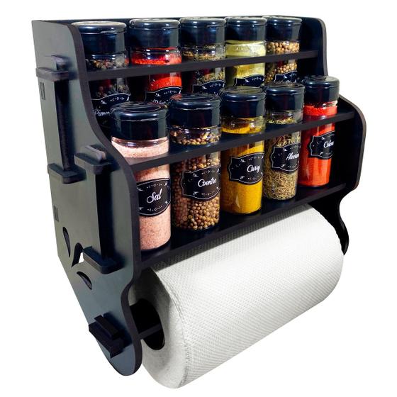 Imagem de Porta Temperos/Condimentos MDF kit 10 potes c/ Tampa Dosadora + Suporte para papel toalha + Adesivos *TL