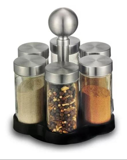Imagem de Porta Temperos Cozinha Com 6 Potes Aço Inox Base Giratoria Cor Transparente