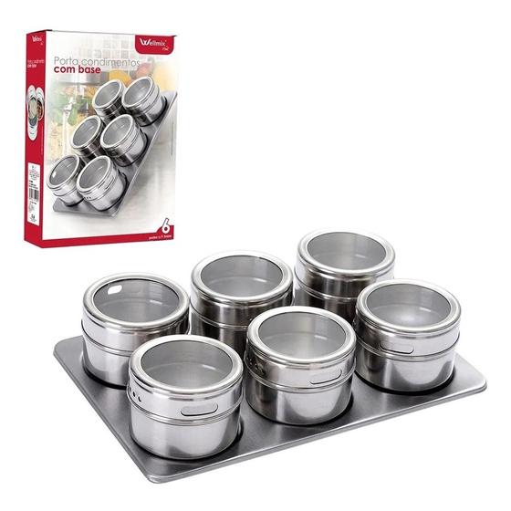 Imagem de Porta Temperos E Condimentos Em Aço Inox Com Imã 6 Potes Wellmix