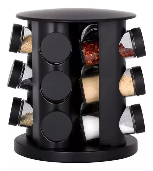 Porta temperos e Condimentos Giratório Com 9 Potes de vidro Preto Menor preço em Porta temperos e Condimentos Giratório Com 9 Potes de vidro Preto