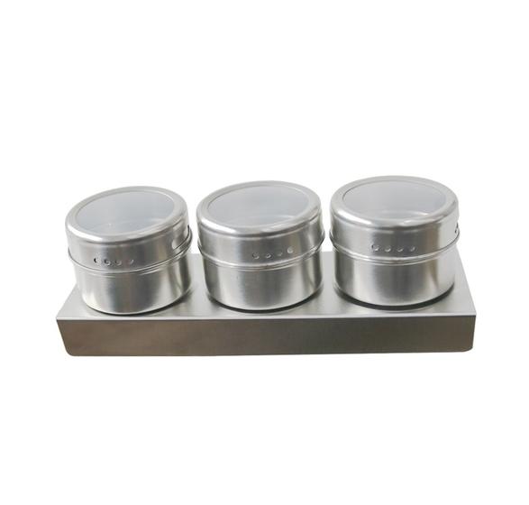 Imagem de Porta temperos e condimentos inox e base magnética com 3 potes