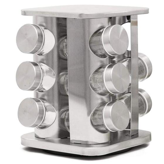 Imagem de Porta Temperos Giratório Base Quadrada Em Aço Inox Com 12 Potes Prata Para Condimentos