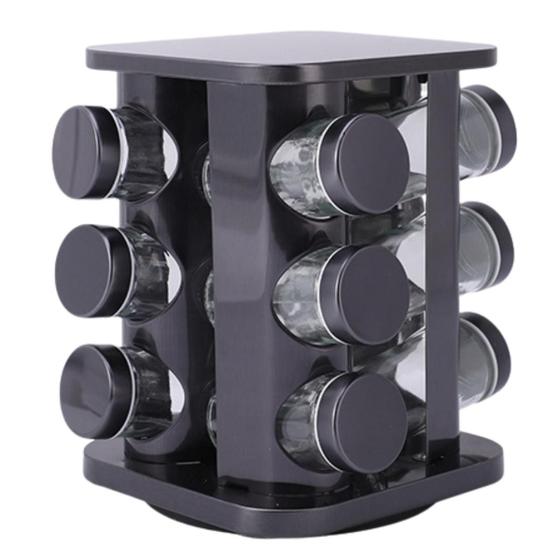Imagem de Porta Temperos Giratório Com 6/9/12 Potes De Vidro Tampa Dosadora Preto Resistente Envio Imediato