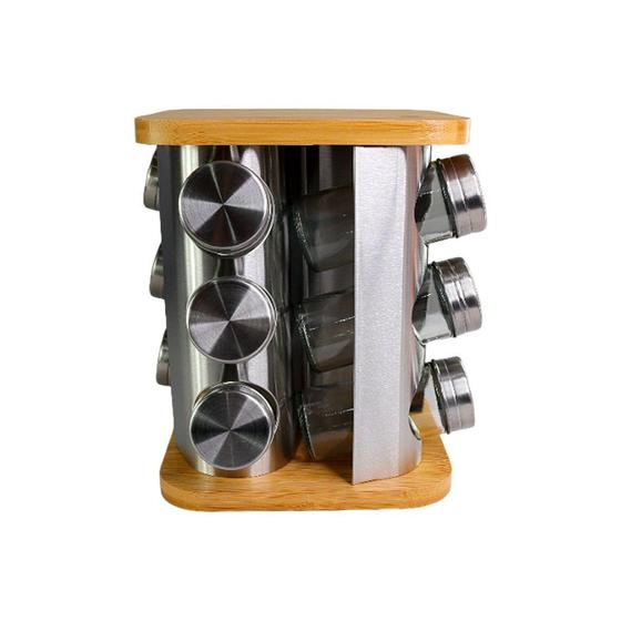Imagem de Porta Temperos Giratório Inox com Base de Bambu 12 Potes 90ml