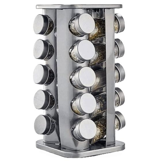 Porta Temperos Inox 20 Potes Suporte Giratório Quadrado Menor preço em Porta Temperos Inox 20 Potes Suporte Giratório Quadrado