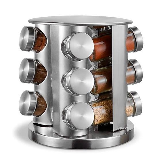 Imagem de Porta Temperos Rotativo com Base de Aço Inox e 12 Frascos de Vidro para Cozinha
