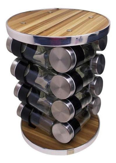 Imagem de Porta Temperos Suporte Condimentos 16 Potes Vidro Giratório Cor Madeira Spice Carousel