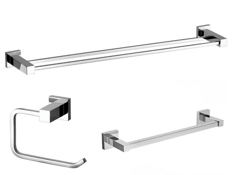 Imagem de Porta Toalha De Banho Duplo Cromado 65cm + Toalheiro de Rosto Suporte + Papeleira Cromada Metal