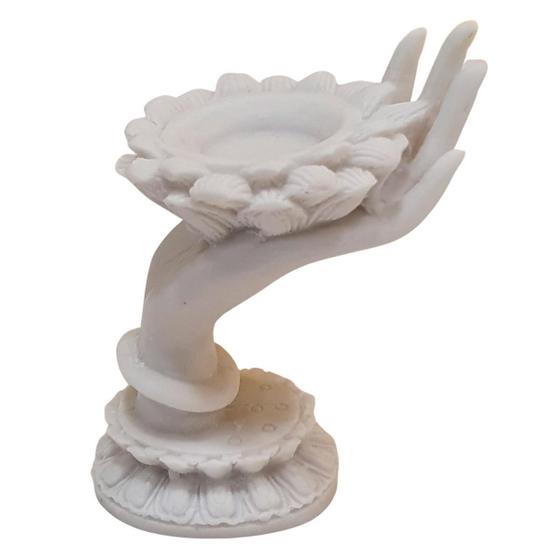 Imagem de Porta Vela Mão Na Flor De Lótus De Pó De Mármore Branco 12Cm